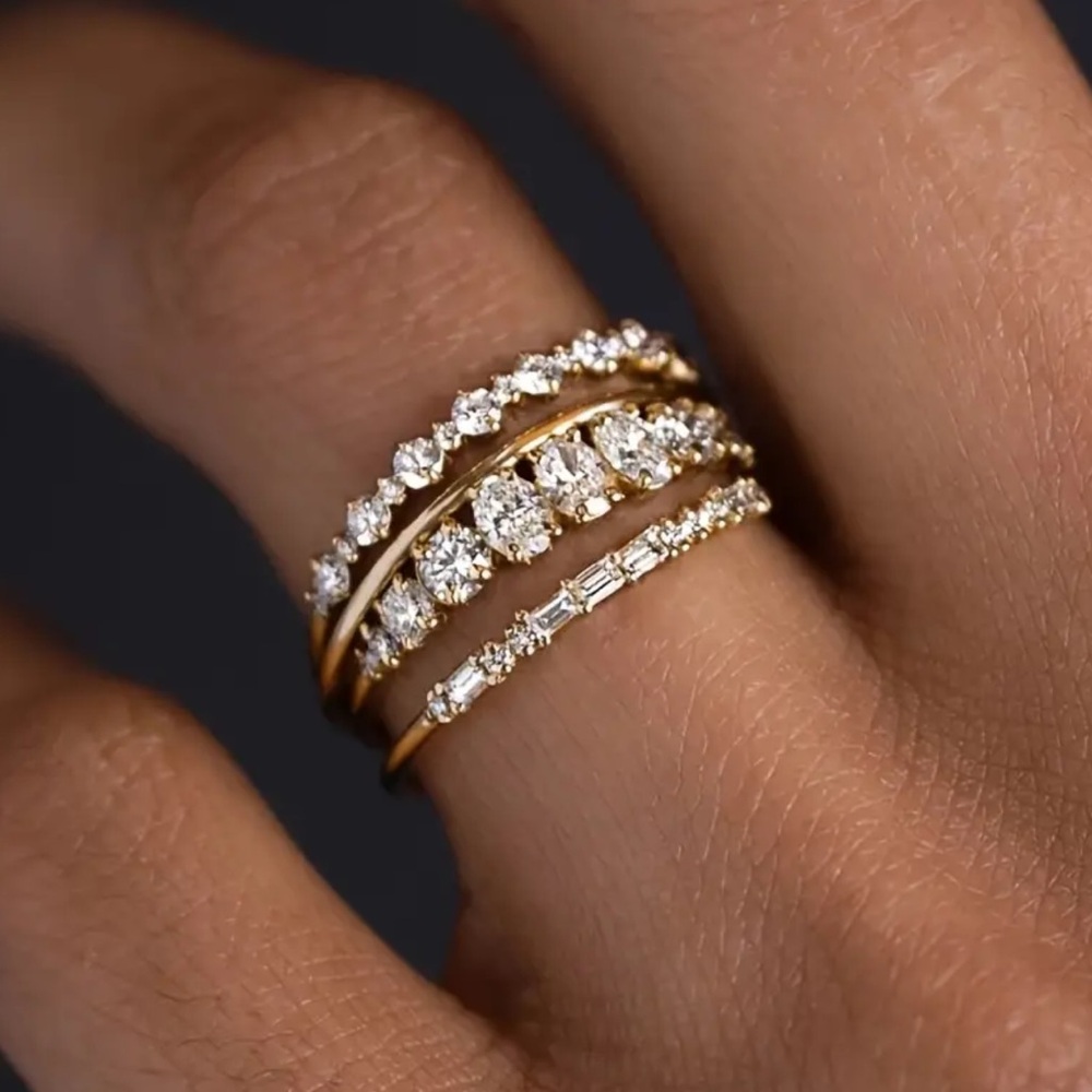 14K Gold Plated Cubic Zirconia 4 Piece Vintage Boho Ring Set Stackable Size 6